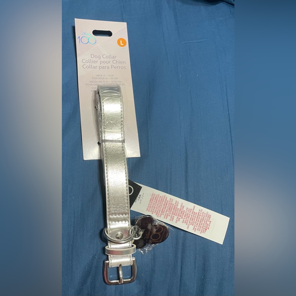 New Disney 100 silver buckle size L dog collar wt commemorative Mickey head tag